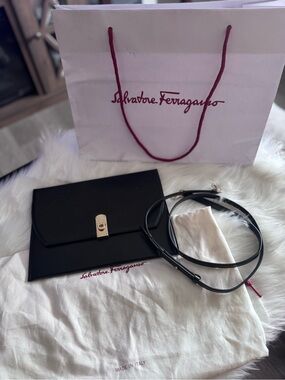 Salvatore Ferragamo Black Leather Envelope Clutch with Gold-Tone Lock